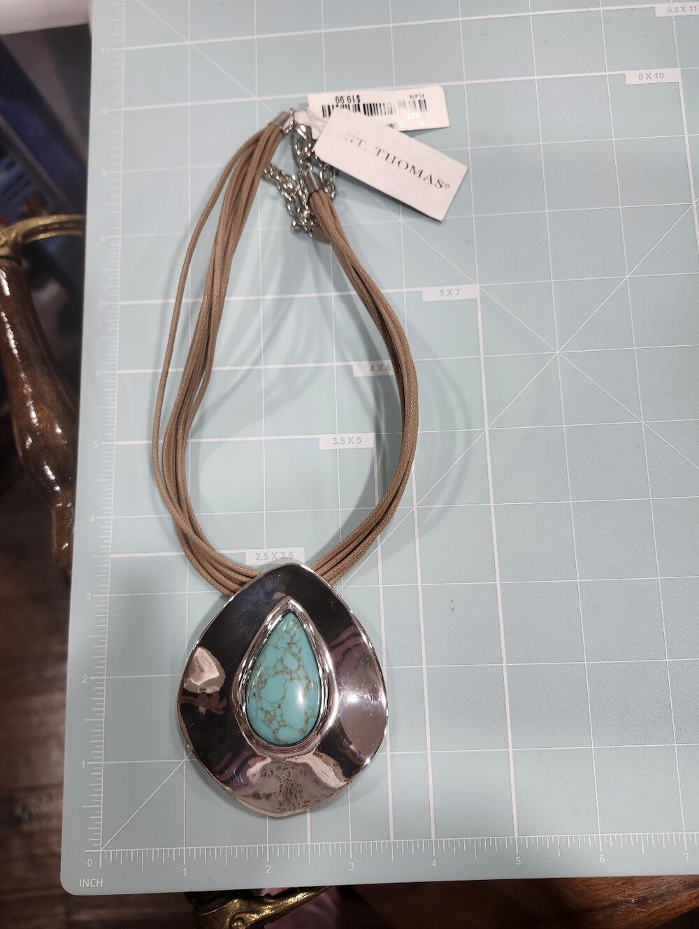 St Thomas Turquoise Teardrop Silver Pendant Necklace On Cord Necklace
